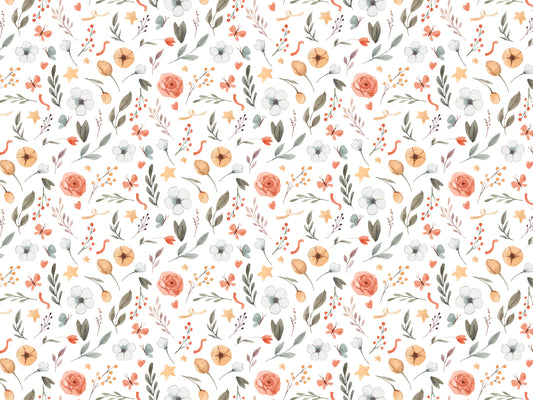 Jersey Stoff Blumenmuster mit bunten Blumen, Blättern und dekorativen Elementen in sanften Farben.
