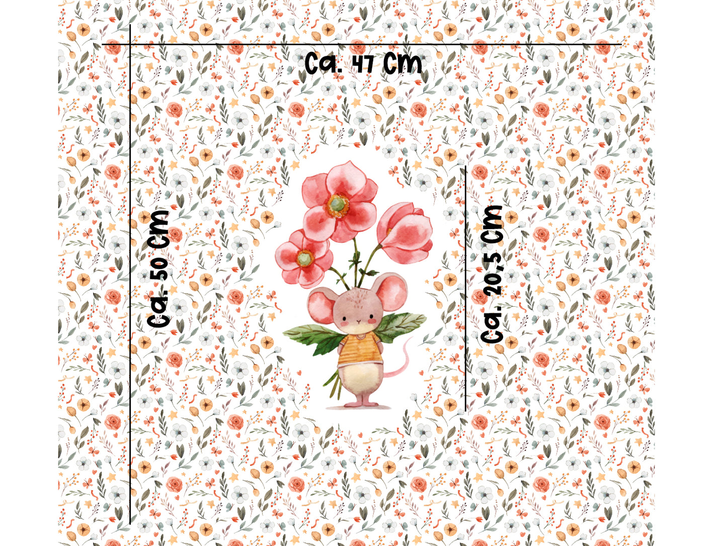 Jersey Stoff PANEL - Maus mit Überraschung, Motiv: Maus mit Blumen, Maße: 50 x 47 cm, jersey stoff mauspanel