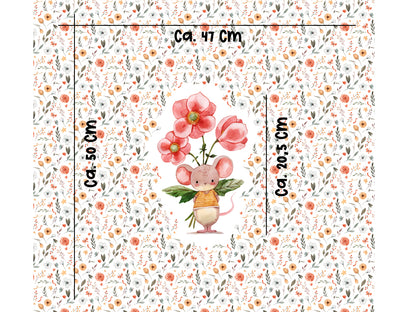 Jersey Stoff PANEL - Maus mit Überraschung, Motiv: Maus mit Blumen, Maße: 50 x 47 cm, jersey stoff mauspanel
