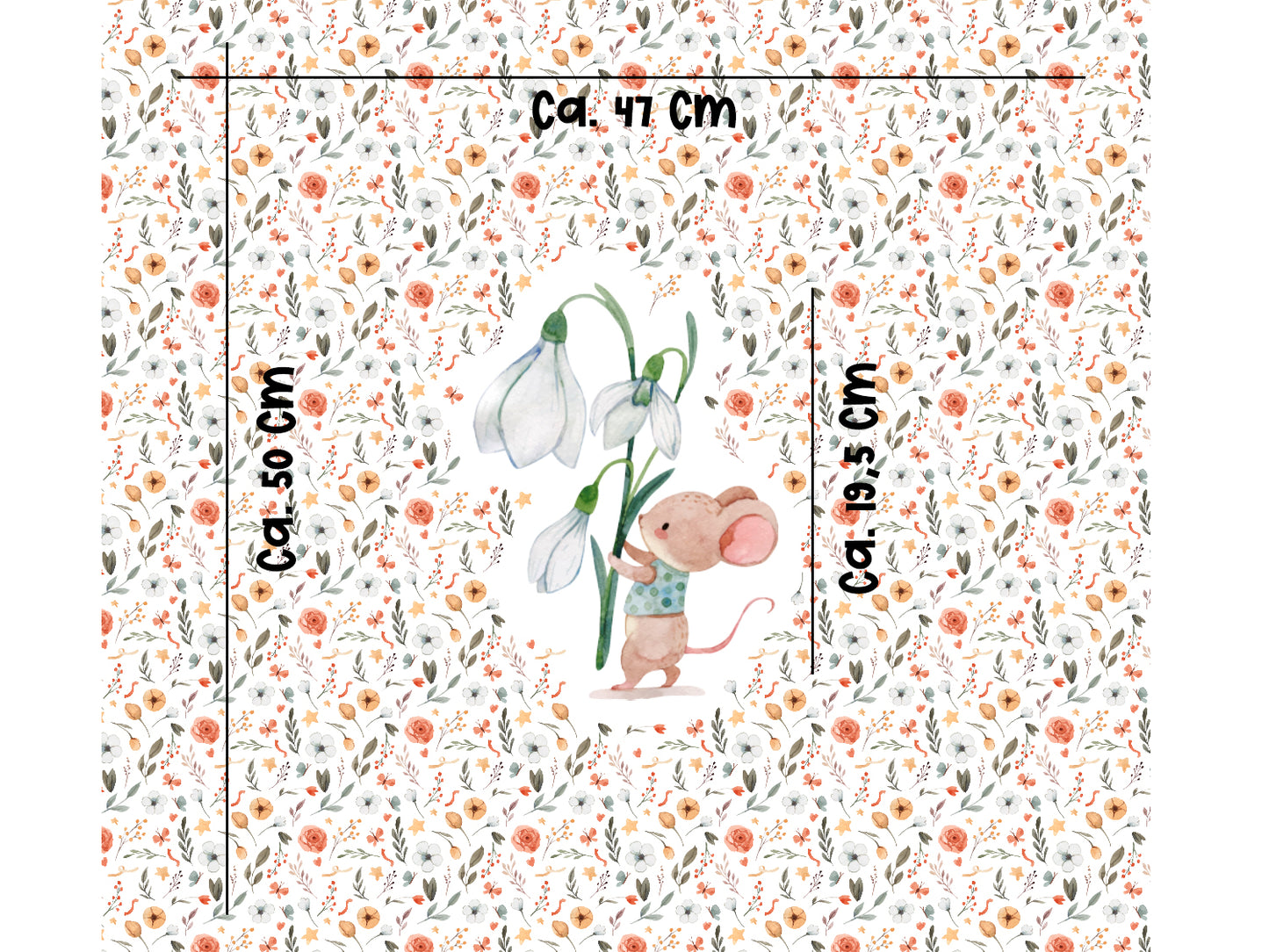 Jersey Stoff Panel Maus Schneeglöckchen mit Blumenmuster, abgebildet in 50 x 47 cm; Motiv ca. 14 x 19,5 cm.