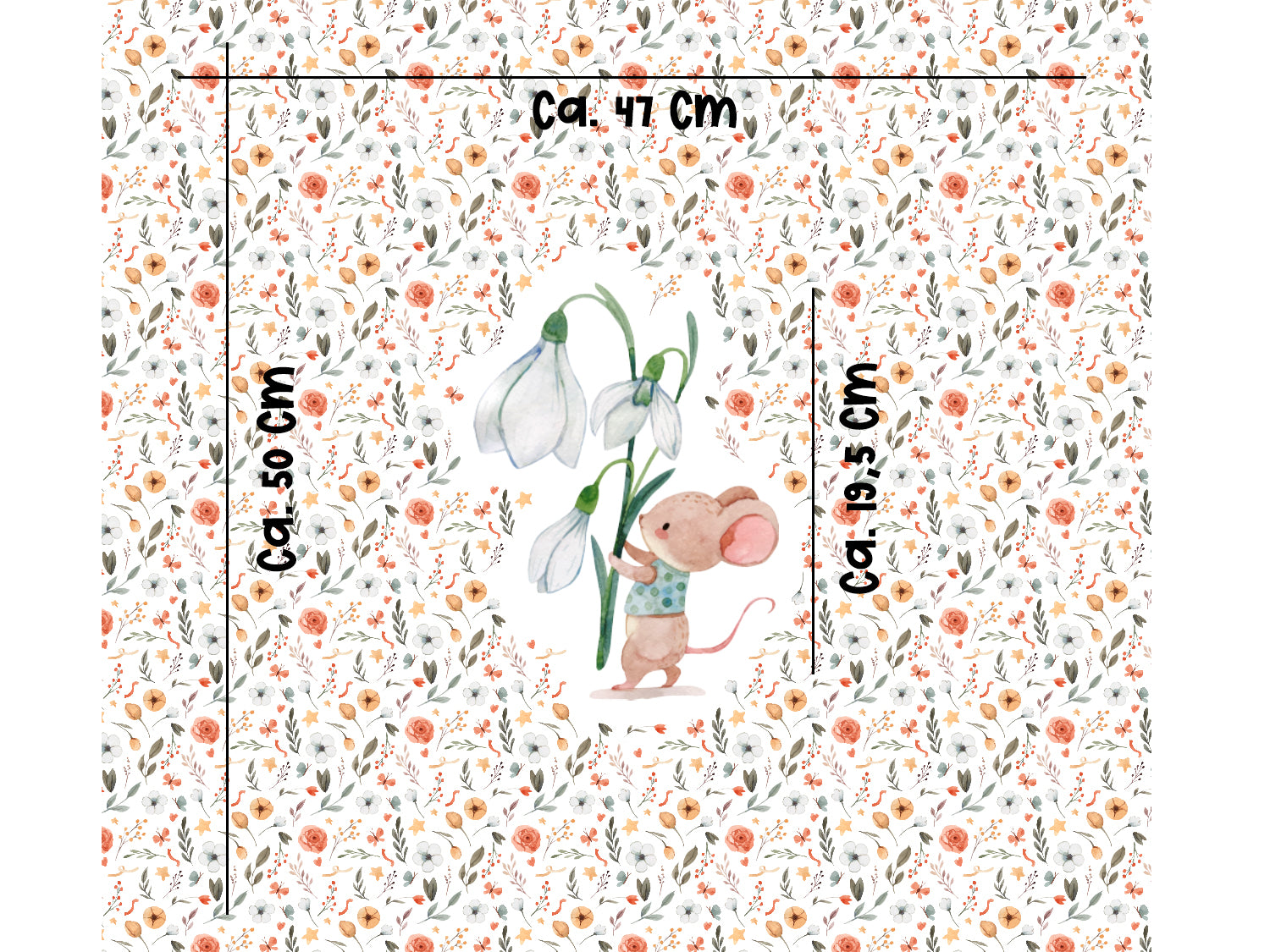 Jersey Stoff Panel Maus Schneeglöckchen mit Blumenmuster, abgebildet in 50 x 47 cm; Motiv ca. 14 x 19,5 cm.