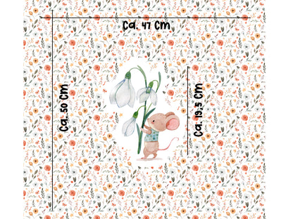 Jersey Stoff Panel Maus Schneeglöckchen mit Blumenmuster, abgebildet in 50 x 47 cm; Motiv ca. 14 x 19,5 cm.