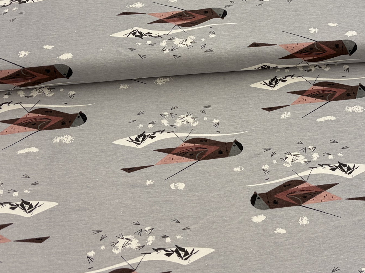 Jersey Stoff - Western Birds, grau