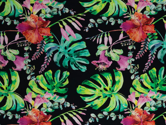 stoff-jersey-waffel-waffeljersey-swafing-hibiskus-monstera-schwarz