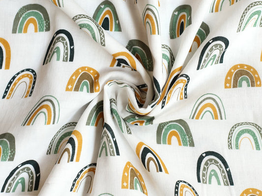 stoff-musselin-baumwolle-double-gauze-glatt-regenbogen-ranbows-basic-simpel-gruen-senf