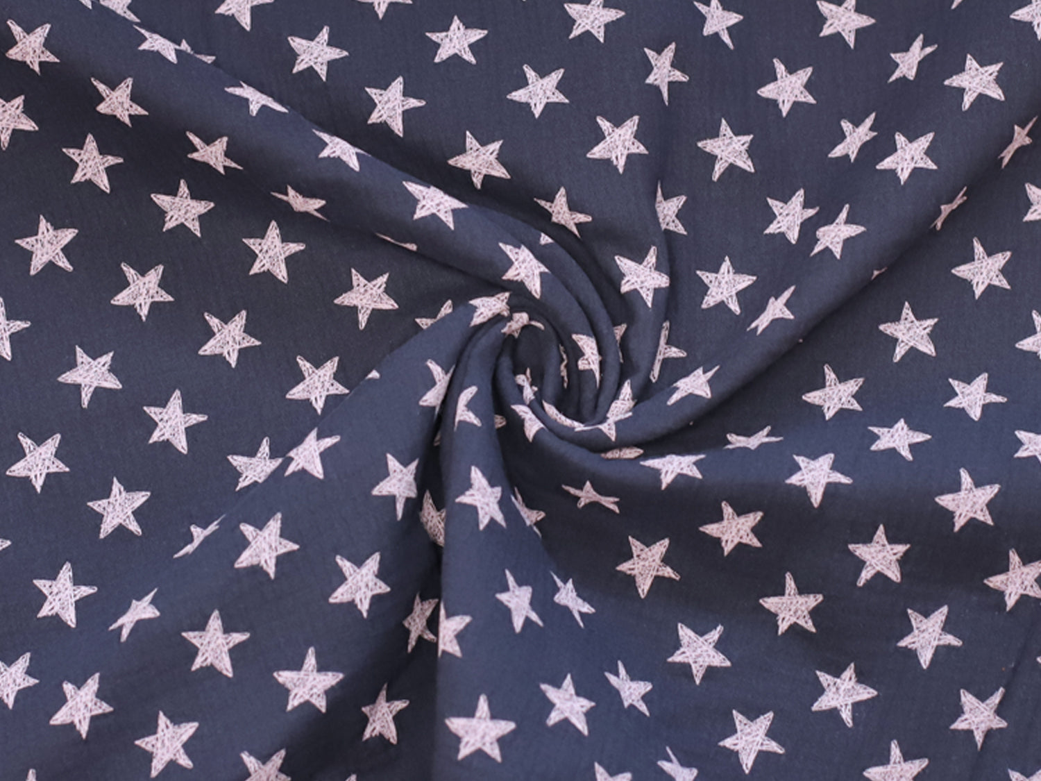 jeansblau musselin stoff with white stars pattern, 100% cotton fabric suitable for sewing and decoration projects.
