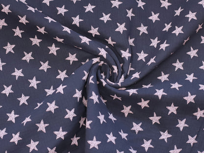 jeansblau musselin stoff with white stars pattern, 100% cotton fabric suitable for sewing and decoration projects.