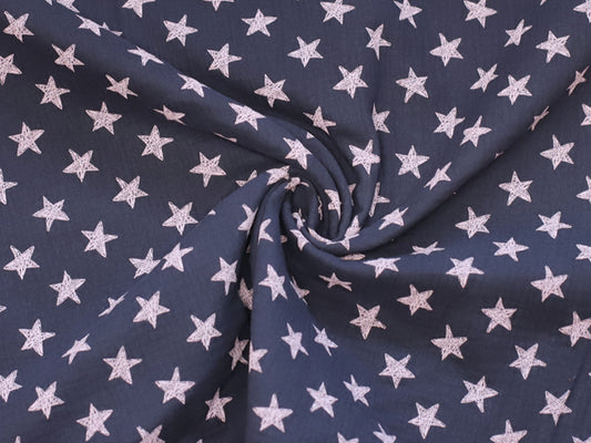 jeansblau musselin stoff with white stars pattern, 100% cotton fabric suitable for sewing and decoration projects.