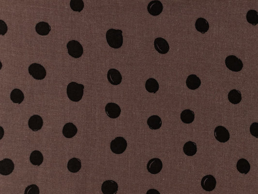 stoff-musselin-double-gauze-meterware-schwarze-tupfen-punkte-kleckse-lilabraun