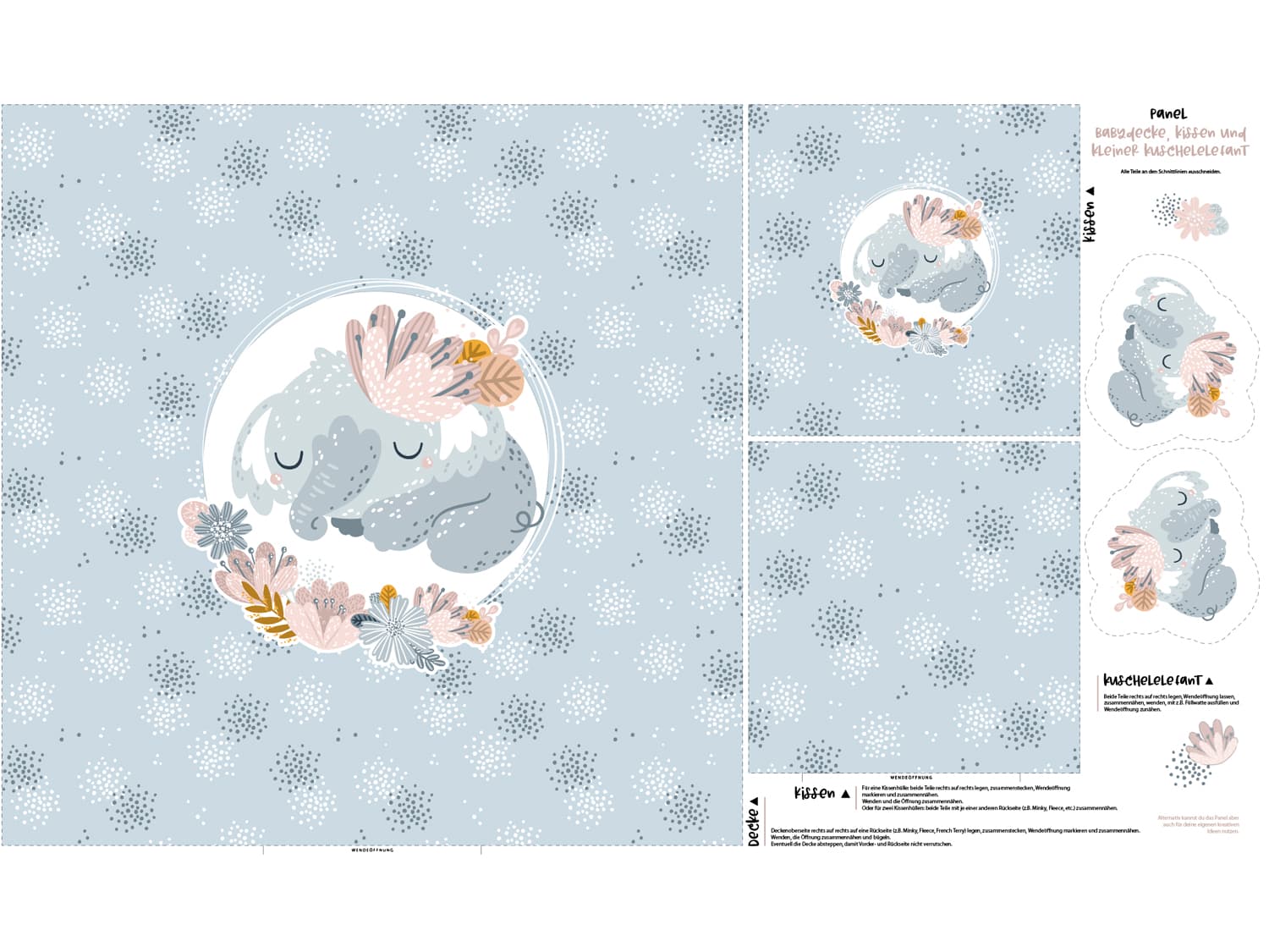 stoff-panel-french-terry-sommersweat-sweat-unangeraut-decke-kissen-diy-elefant-schlafend-blume