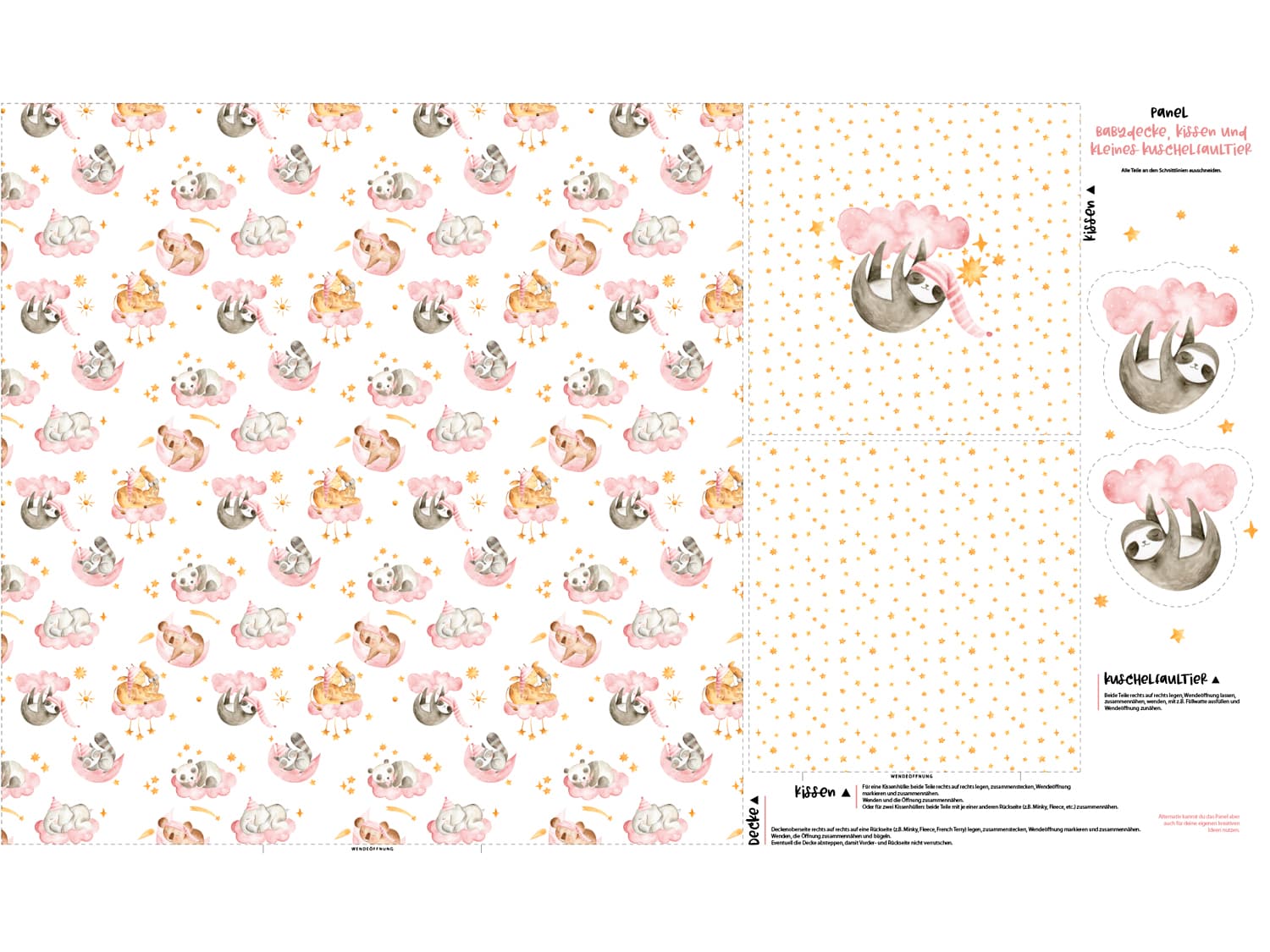 stoff-panel-french-terry-sommersweat-sweat-unangeraut-decke-kissen-diy-faultier-schlafende-tiere-rosa