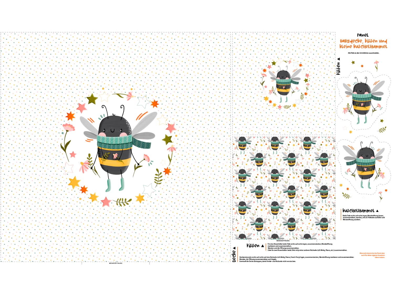 stoff-panel-french-terry-sommersweat-sweat-unangeraut-decke-kissen-diy-hummel-blumen-tupfen