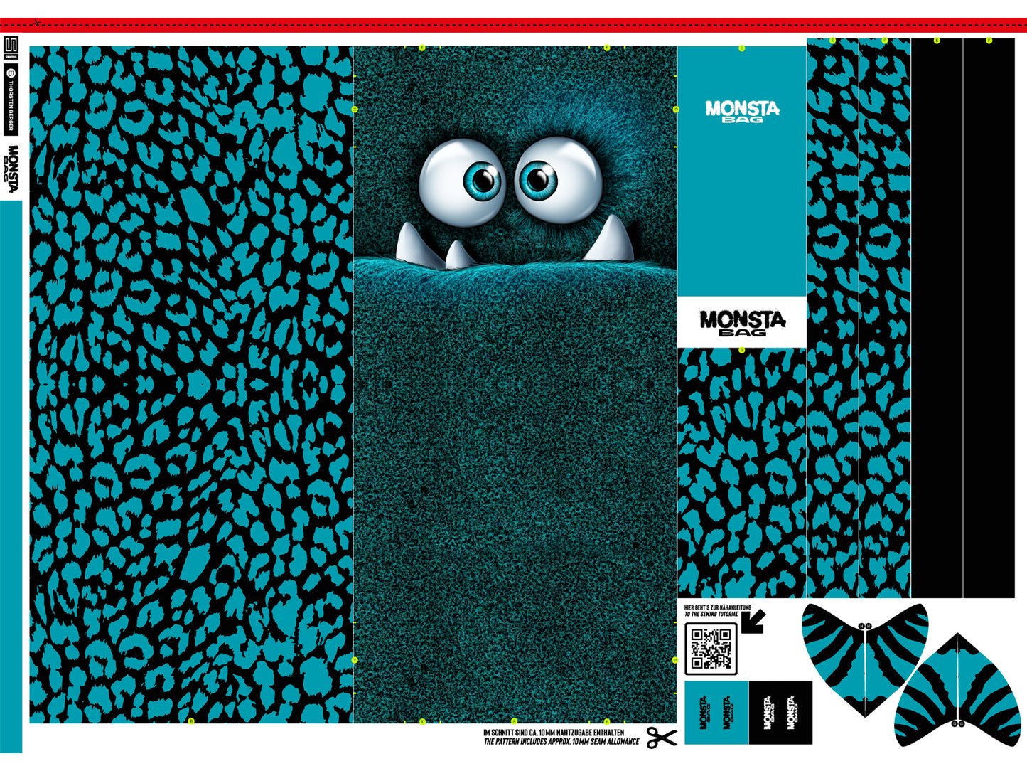 petrol monsta bag panel design featuring a playful monster and vibrant patterns