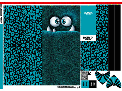 petrol monsta bag panel design featuring a playful monster and vibrant patterns