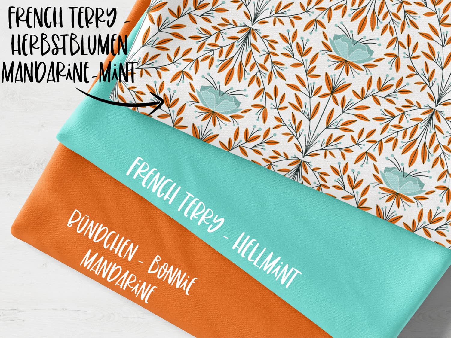 stoffpaket-stoff-baumwolle-french-terry-sommersweat-kathi-kunterbunt-herbst-autumn-blume-blaetter-herbstblume-mandarine-mint-2