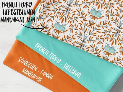 stoffpaket-stoff-baumwolle-french-terry-sommersweat-kathi-kunterbunt-herbst-autumn-blume-blaetter-herbstblume-mandarine-mint-2