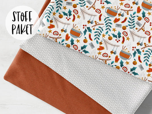 stoffpaket-stoff-baumwolle-french-terry-sommersweat-kathi-kunterbunt-winter-freunde-tasse-zweig-ilex-apfel-orange-socken-handschuhe-kombistoff-bild