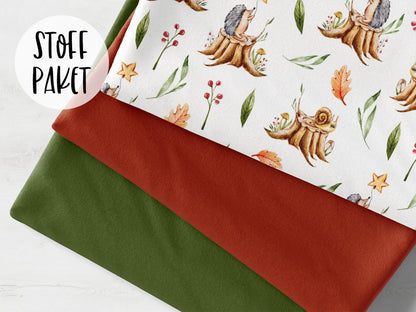 stoffpaket-stoff-french-terry-sommersweat-herbstzauber-igel-schnecke-orangerot-khaki-bild