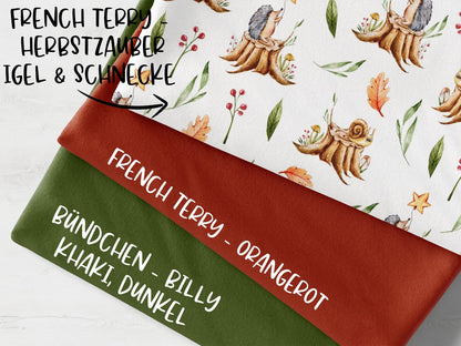stoffpaket-stoff-french-terry-sommersweat-herbstzauber-igel-schnecke-orangerot-khaki
