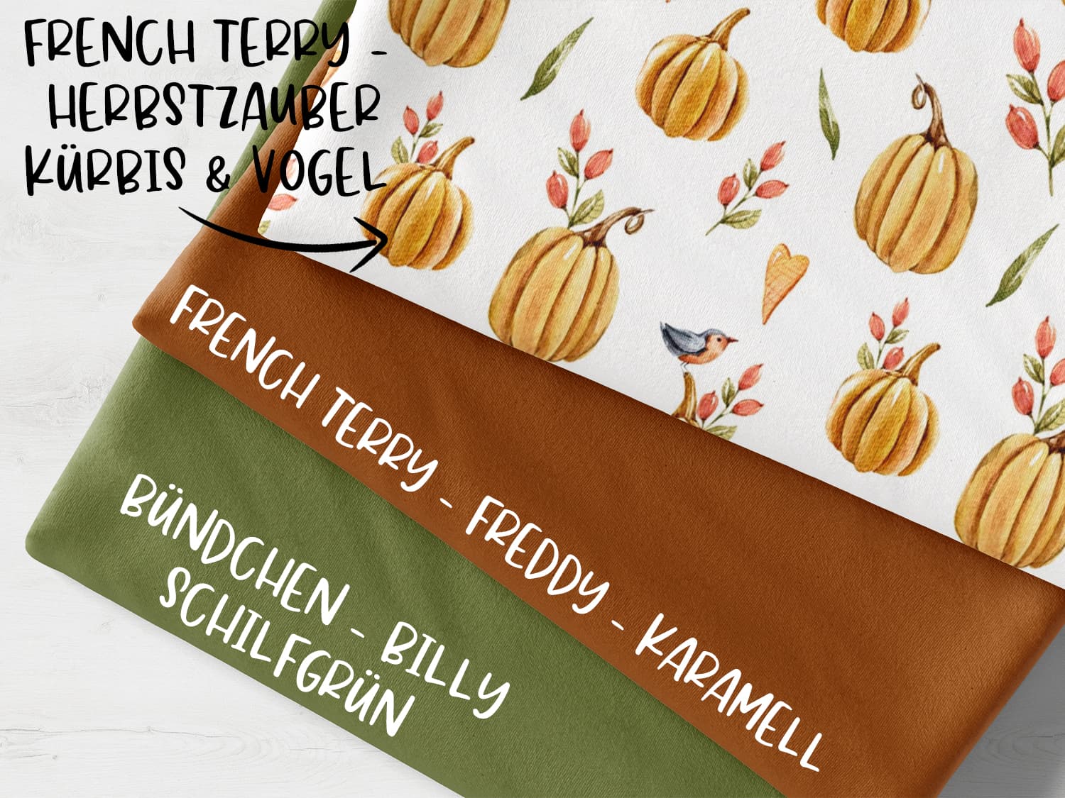 stoffpaket-stoff-french-terry-sommersweat-herbstzauber-kuerbis-vogel-karamell-schilfgruen-2