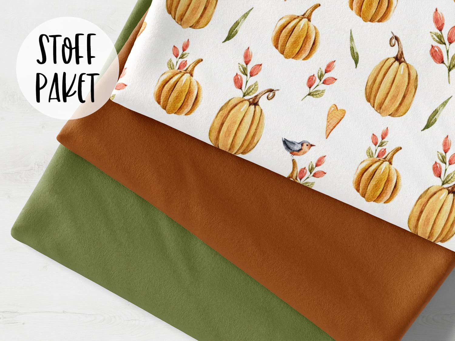 stoffpaket-stoff-french-terry-sommersweat-herbstzauber-kuerbis-vogel-karamell-schilfgruen-bild