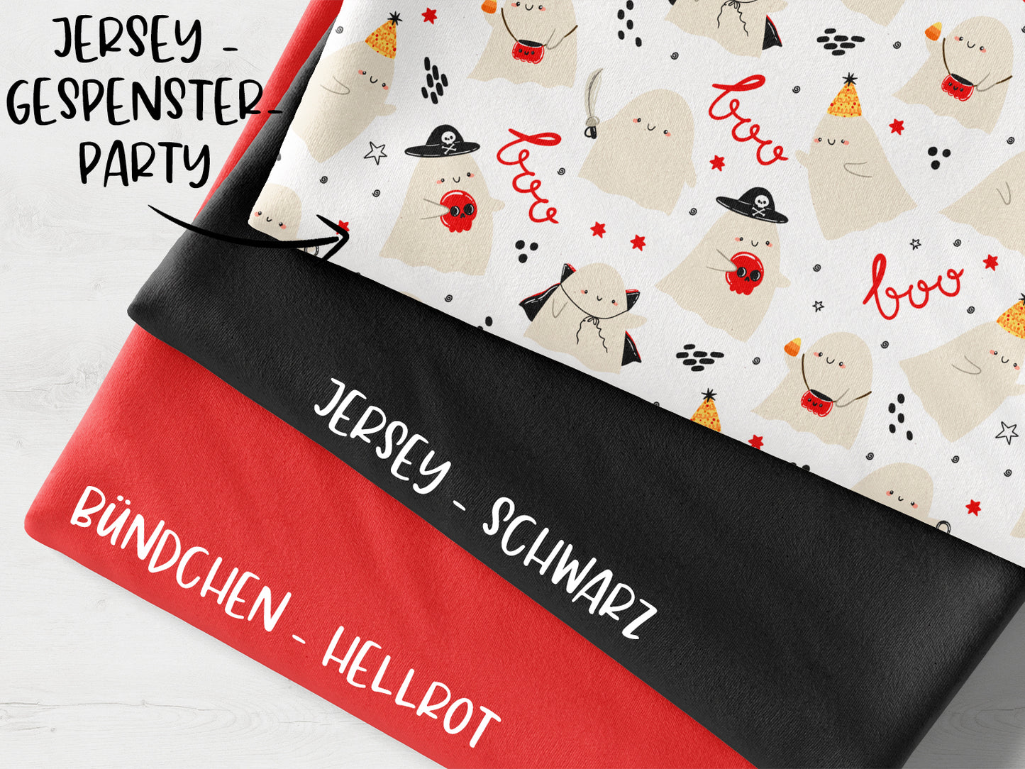 Stoffpaket Gespenster Party - hellrot, bestehend aus buntem Jersey und Bündchen in schwarz und hellrot.