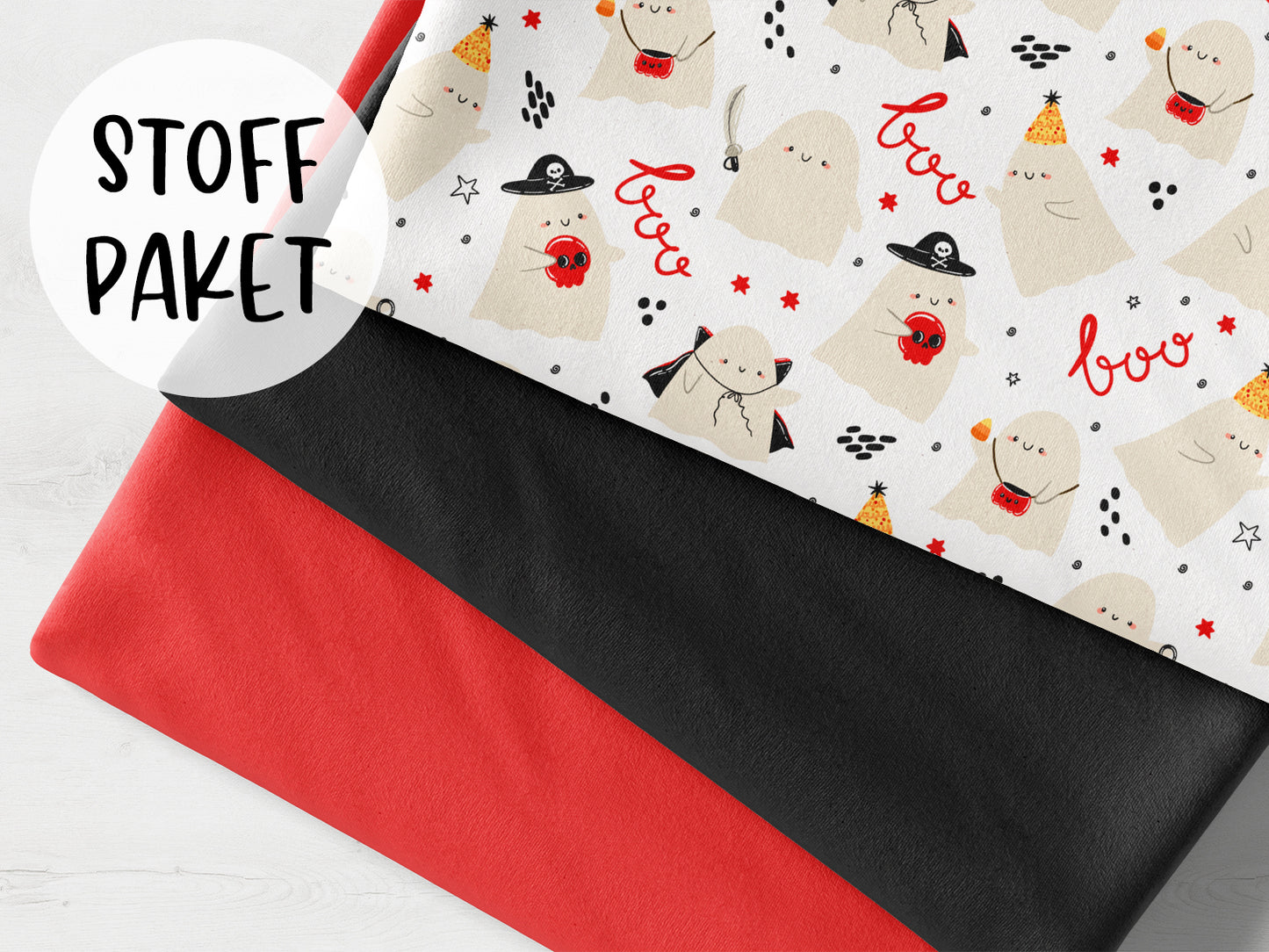 Stoffpaket - Gespenster Party - hellrot mit farbenfrohen Gespenster-Stoffen und hellrotem Bündchen.