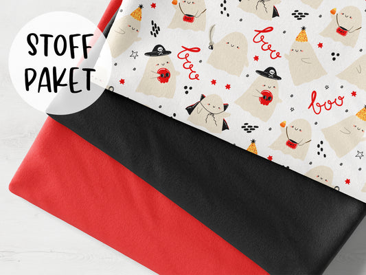 Stoffpaket - Gespenster Party - hellrot mit farbenfrohen Gespenster-Stoffen und hellrotem Bündchen.
