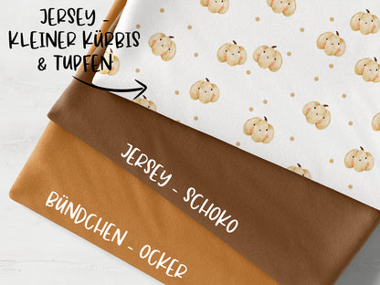 Stoffpaket mit Jersey in kleinem Kürbis-Muster und Tupfen, Schoko und ocker, ocker kleiner kürbis stoffpaket.