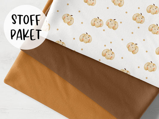 Stoffpaket mit kleinem Kürbis und Tupfen in ocker, perfekt für kreative Nähprojekte. ocker kleiner kürbis stoffpaket