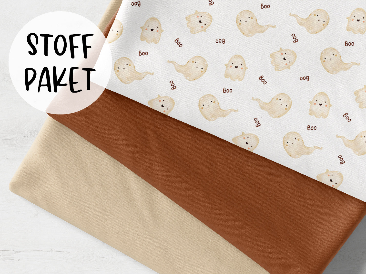 Stoffpaket - Kleines Gespenst - milchkaffee mit bunten Jersey Stoffen für kreative Nähprojekte.