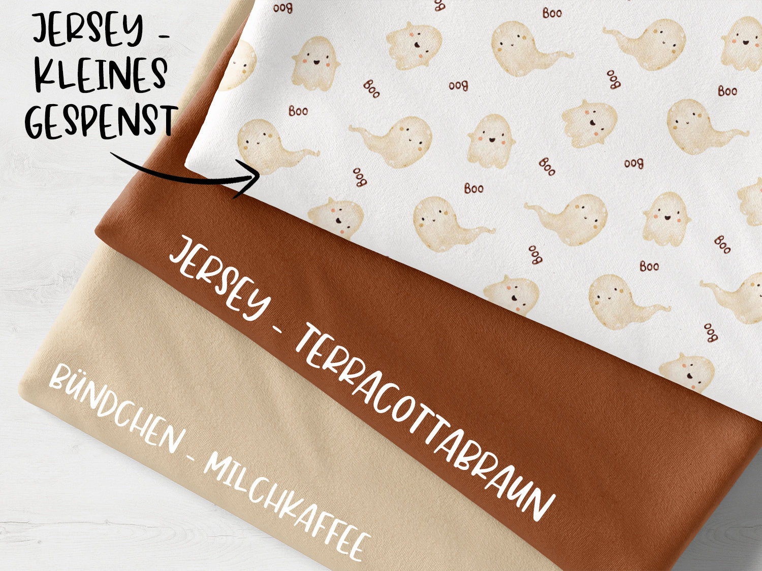 Stoffpaket mit Jersey - kleines Gespenst, terracottabraun und Bündchen - milchkaffee, ideales Nähmaterial.