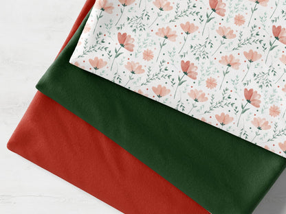 stoffpaket-stoff-jersey-baumwolle-baumwolljersey-buendchen-sommerbluemchen-blumen-orangerot-uni-dunkelgruen