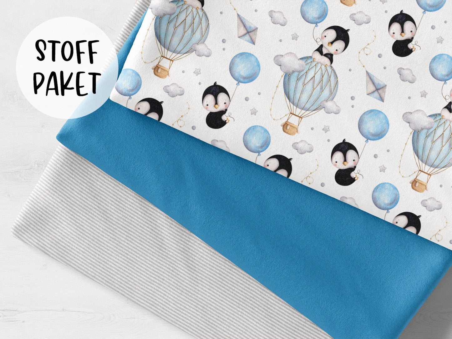 Stoffpaket - Pinguin und Heißluftballon - hellgrau