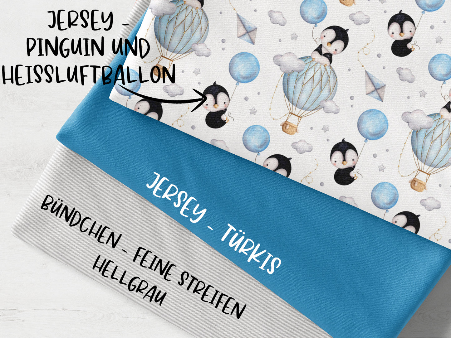 Stoffpaket - Pinguin und Heißluftballon - hellgrau