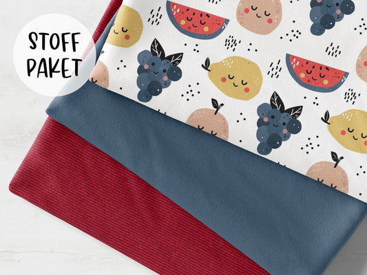 stoffpaket-stoff-jersey-baumwolle-baumwolljersey-freche-fruechtchen-melone-traube-uni-taubenblau-buendchenstoff-feine-streifen-rot-dunkelblau-bild