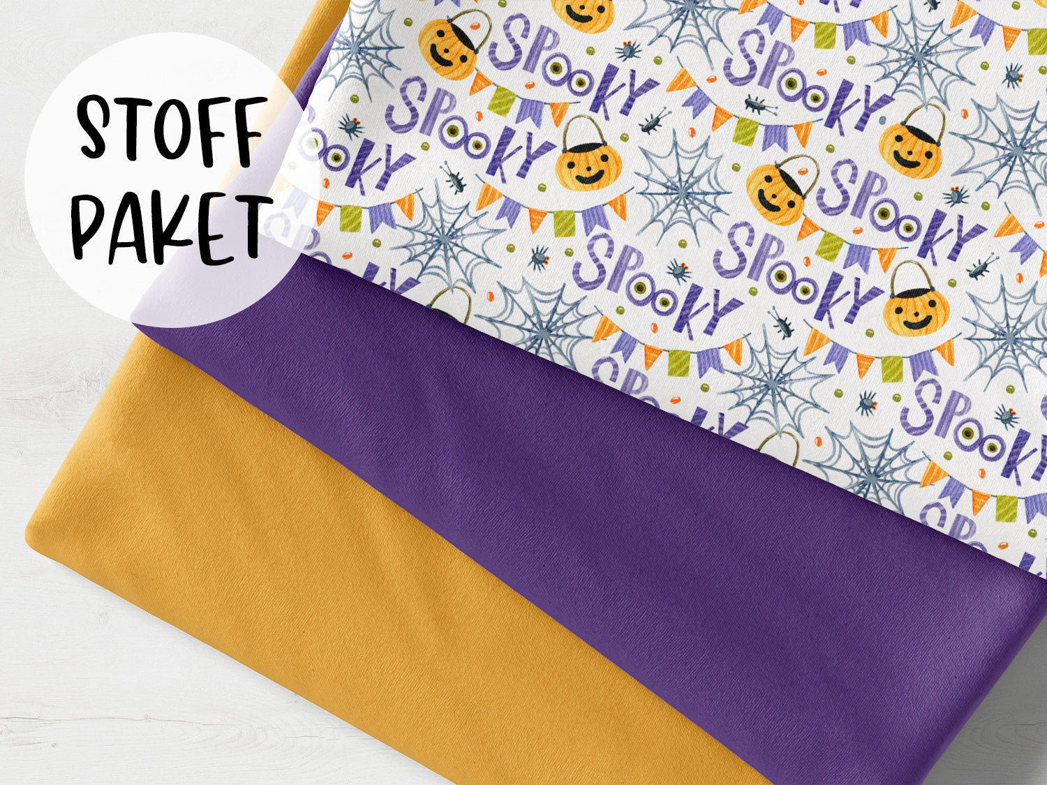 Stoffpaket - SPOOKY - senf, lila und gemusterter Jersey Stoff, spooky fabric bundle mustard