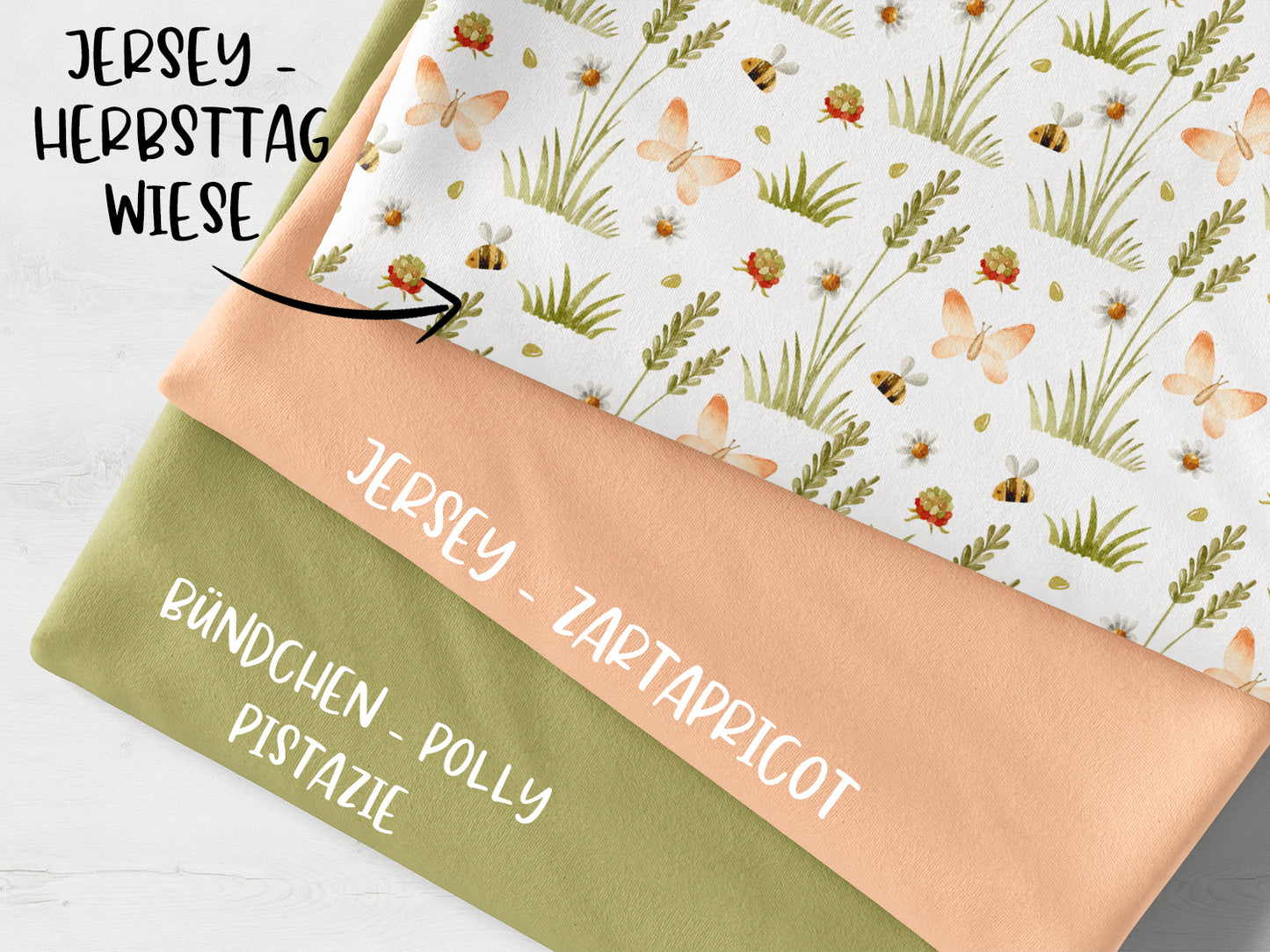 Stoffpaket Herbsttag, Wiese - pistazie mit Jersey Stoffen in zartapricot und pistazie, ideale für kreative Projekte.