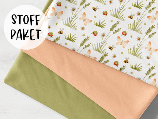 Stoffpaket Herbsttag, Wiese - pistazie mit Jersey Stoffen in zartapricot und pistazie, ideal für kreative Nähprojekte.