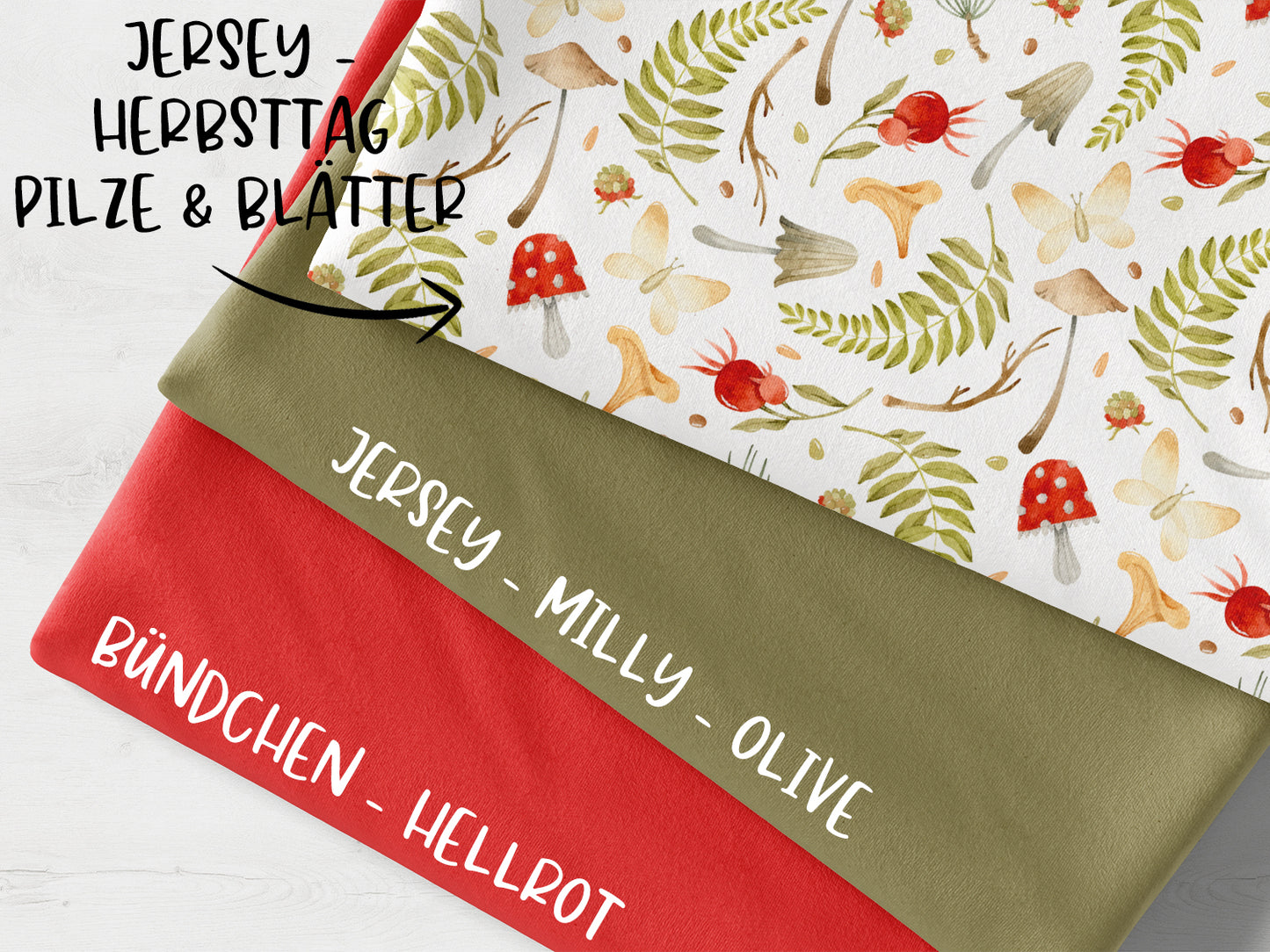 Jersey Stoffpaket - Herbsttag, Pilze & Blätter - hellrot, Milly - olive, Bündchen - hellrot