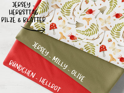 Jersey Stoffpaket - Herbsttag, Pilze & Blätter - hellrot, Milly - olive, Bündchen - hellrot