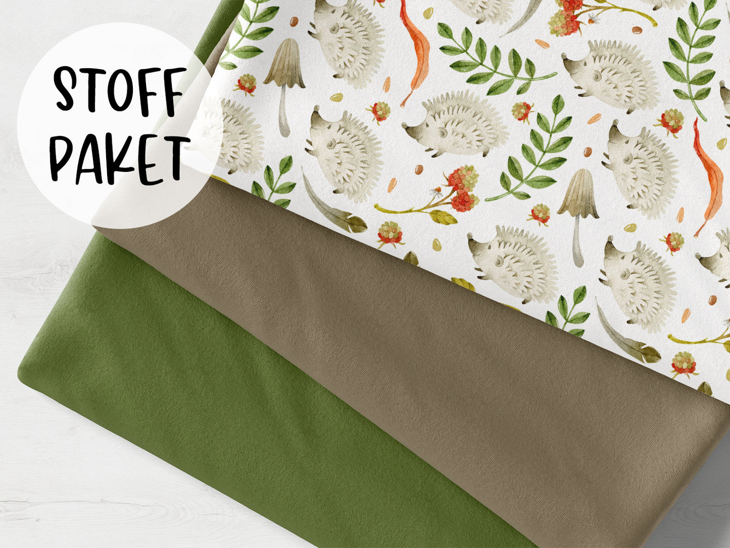 Stoffpaket - Herbsttag, Igel - khaki, dunkel mit drei zugeschnittenen Stoffen in verschiedenen Farben