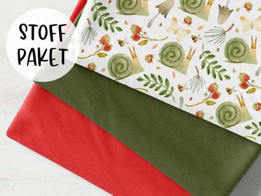 autumn fabric bundle scallop red - Stoffpaket with red and green Jersey fabric and snail pattern.