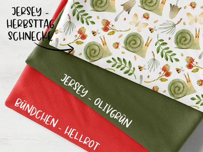autumn fabric bundle scallop red featuring Jersey - Herbsttag, Schnecke and olivgrün, plus hellrot Bündchen.