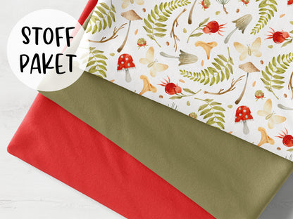Stoffpaket - Herbsttag, Pilze & Blätter - hellrot mit Jersey und Bündchenstoffen.