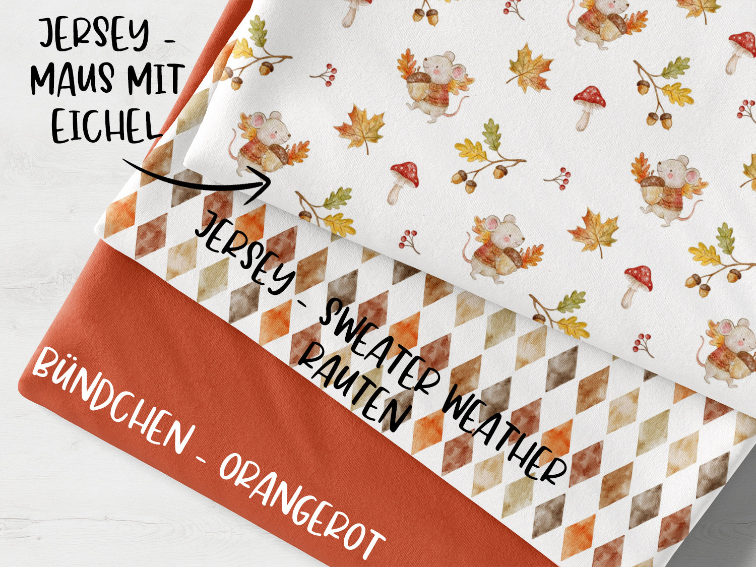 Stoffpaket - Maus mit Eichel - orangerot, bestehend aus Jersey und Bündchen. Ideal für kreative Nähprojekte.