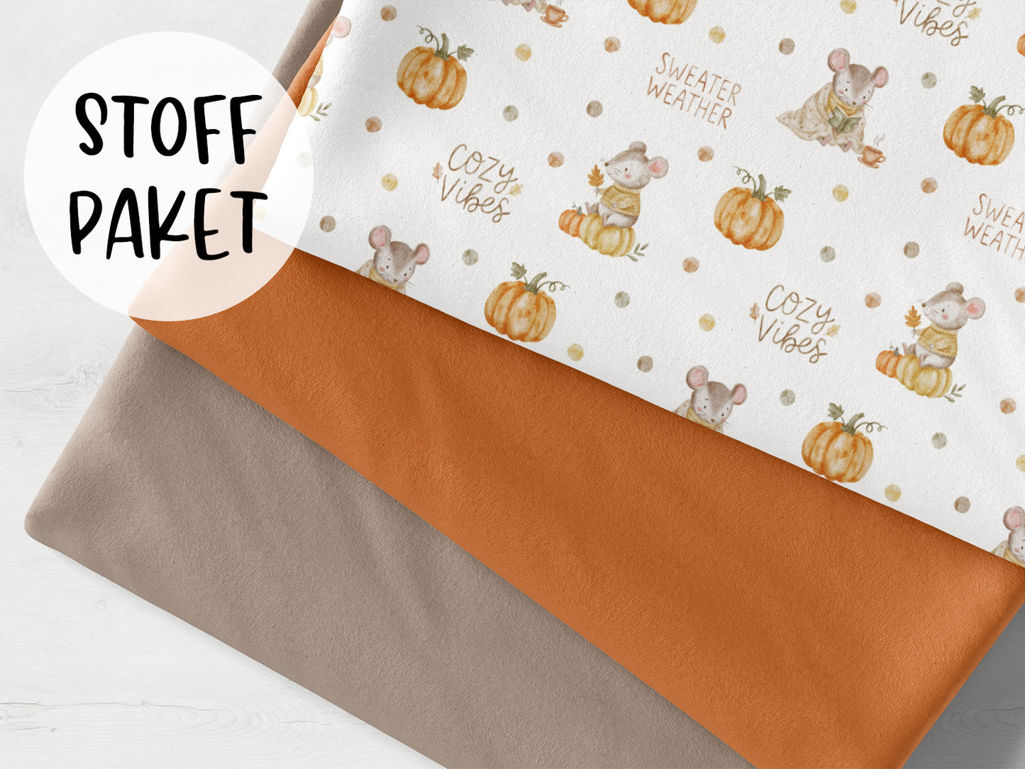 Stoffpaket - Cozy Vibes fabric bundle featuring pumpkin designs and warm colors.