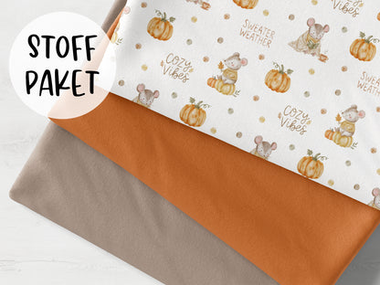Stoffpaket - Cozy Vibes fabric bundle featuring pumpkin designs and warm colors.