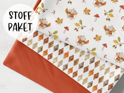 Stoffpaket - Maus mit Eichel - orangerot, bestehend aus verschiedenen Stoffen in herbstlichen Farben.