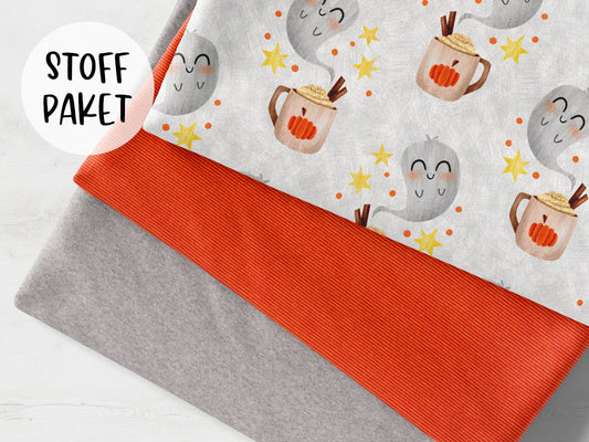 stoffpaket-stoff-jersey-baumwolle-baumwolljersey-kathi-kunterbunt-halloween-herbst-geist-gespenst-kuerbis-stern-punkte-pumpkin-spiced-latte-grau-scribble-bild